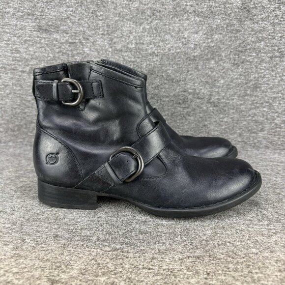 ✅Born Boots Womens Sz 7 Raisa Black Leather Side Zip Ankle Bootie Buckle Accents - Picture 7 of 10